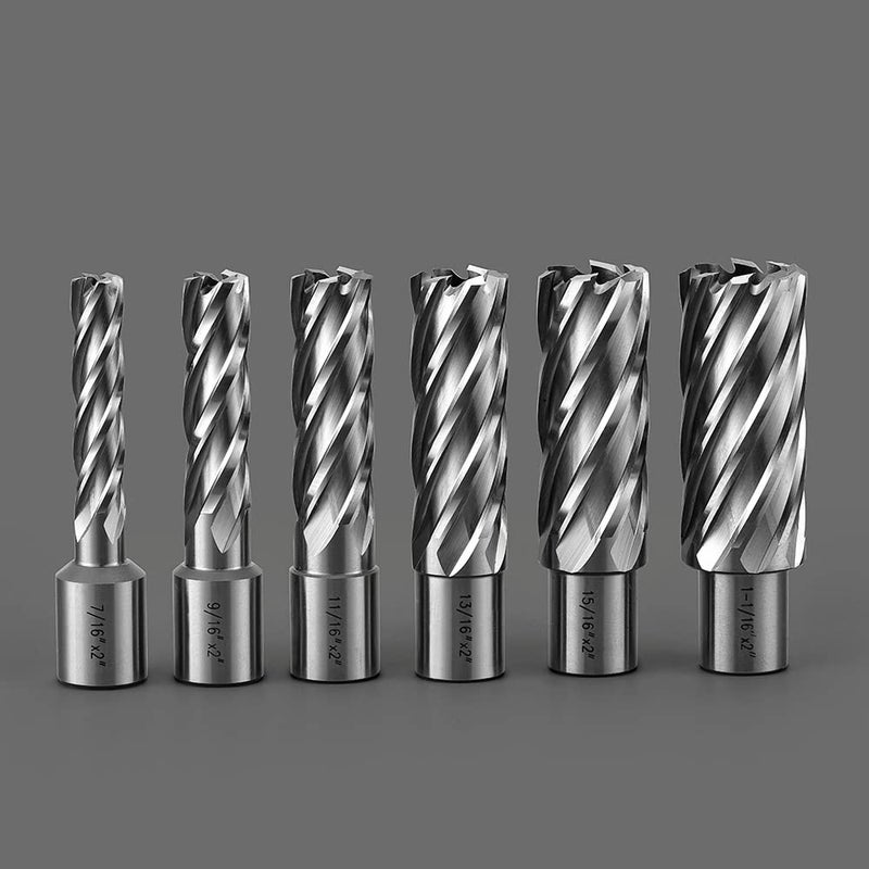 JESTUOUS Annular Cutters Set 6pcs JESTUOUS 3/4 Inch Weldon Shank 2 Cutting Depth 7/16 to 1-1/16 Cutting Diameter HSS Slugger Bits for Magnetic Drill Press with 2 Pilot Pins - Image 4